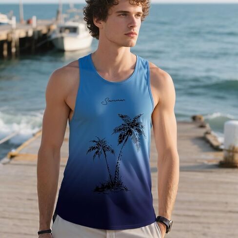 Men's Loose Sleeveless Running Tank Tops Graphic Palm Tree Vacation Muscle Vest for Summer and Beach in Saudi Arabia