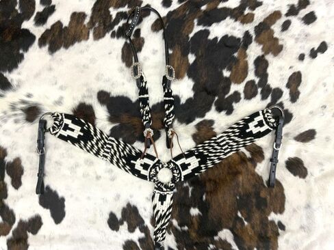 Showman Black & White Mohair Single Ear Headstall & Breast Collar Set in Saudi Arabia
