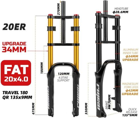 20 Inch Bike Suspension Fork 4.0 Tire Fat Fork Straight Double Shoulder Air Fork Travel 110mm QR 135mm Disc Brake Front Fork Rebound Adjustable in Saudi Arabia