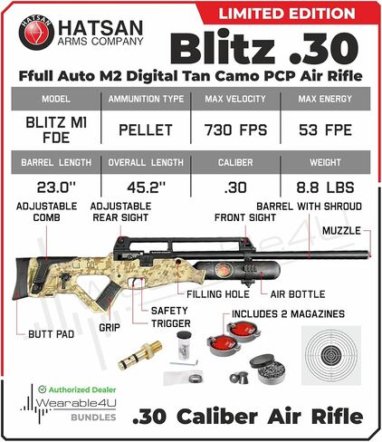 Hatsan Blitz بندقية هوائية PCP أوتوماتيكية بالكامل مع أهداف ورقية قابلة للارتداء 100x وحزمة كريات الرصاص in Saudi Arabia