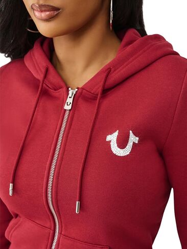 سترة بغطاء للرأس كلاسيكية بسحاب كريستالي للسيدات من True Religion - سويت شيرت بسحاب كامل مع شعار كريستالي in Saudi Arabia