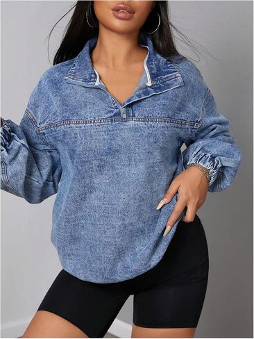WDIRARA Women's Quarter Zip Denim Sweatshirt Long Sleeve Collared Pullovers Loose Top in Saudi Arabia