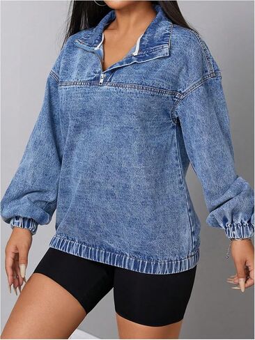 WDIRARA Women's Quarter Zip Denim Sweatshirt Long Sleeve Collared Pullovers Loose Top in Saudi Arabia