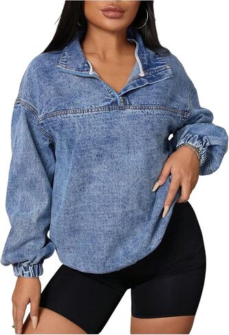 WDIRARA Women's Quarter Zip Denim Sweatshirt Long Sleeve Collared Pullovers Loose Top in Saudi Arabia