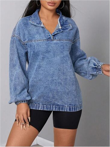 WDIRARA Women's Quarter Zip Denim Sweatshirt Long Sleeve Collared Pullovers Loose Top in Saudi Arabia