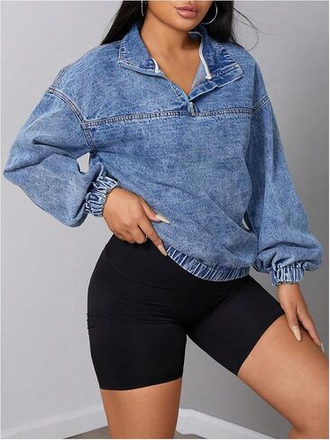 WDIRARA Women's Quarter Zip Denim Sweatshirt Long Sleeve Collared Pullovers Loose Top in Saudi Arabia