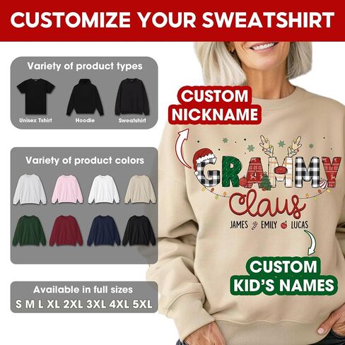 Custom Nickname Claus with Name of Kids or Grandkids Sweatshirt, Personalized for Women, Various Sizes in Saudi Arabia
