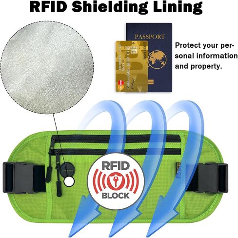 حقيبة خصر بحزام نقود للسفر مع حزام قابل للتعديل للجري، حقيبة خصر مخفية للأمان RFID للرجال والنساء، محفظة رياضية للبطاقات وجوازات السفر والهاتف - أخضر in Saudi Arabia