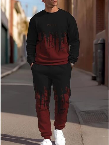 Men's round neck sports shirt pants two-piece set, casual thick printed hooded sweatshirt jogging pants set in Saudi Arabia