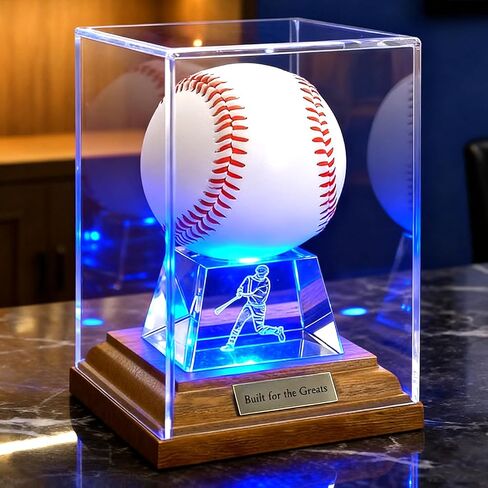 Baseball Display Case, Baseball Display Stand with LED Lights , Wooden Stand and a Bronze Medal,Cube Baseball Holder Display case, Acrylic Clear Ball Protector for Memorabilia Baseball Gifts in Saudi Arabia
