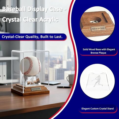 Baseball Display Case, Baseball Display Stand with LED Lights , Wooden Stand and a Bronze Medal,Cube Baseball Holder Display case, Acrylic Clear Ball Protector for Memorabilia Baseball Gifts in Saudi Arabia