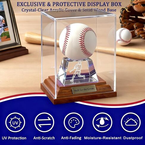 Baseball Display Case, Baseball Display Stand with LED Lights , Wooden Stand and a Bronze Medal,Cube Baseball Holder Display case, Acrylic Clear Ball Protector for Memorabilia Baseball Gifts in Saudi Arabia