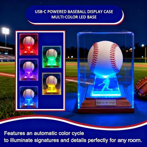 Baseball Display Case, Baseball Display Stand with LED Lights , Wooden Stand and a Bronze Medal,Cube Baseball Holder Display case, Acrylic Clear Ball Protector for Memorabilia Baseball Gifts in Saudi Arabia