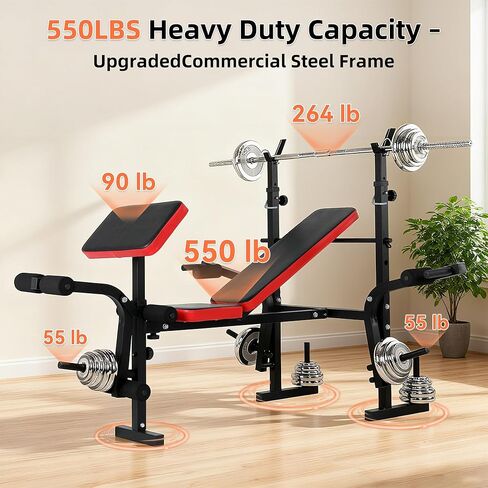 EPHESPORT مقعد وزن قابل للتعديل 6 في 1 مع رف القرفصاء، ومقاعد رفع الأثقال للمنزل - مقعد تدريب قوي قابل للطي للخدمة الشاقة لتدريبات الصالة الرياضية المنزلية لكامل الجسم in Kuwait