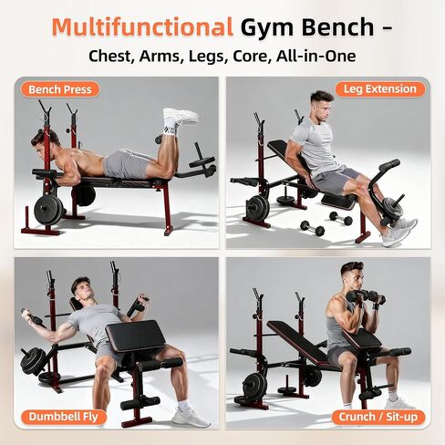 EPHESPORT مقعد وزن قابل للتعديل 6 في 1 مع رف القرفصاء، ومقاعد رفع الأثقال للمنزل - مقعد تدريب قوي قابل للطي للخدمة الشاقة لتدريبات الصالة الرياضية المنزلية لكامل الجسم in Kuwait