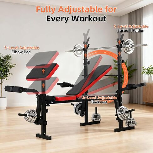 EPHESPORT مقعد وزن قابل للتعديل 6 في 1 مع رف القرفصاء، ومقاعد رفع الأثقال للمنزل - مقعد تدريب قوي قابل للطي للخدمة الشاقة لتدريبات الصالة الرياضية المنزلية لكامل الجسم in Kuwait