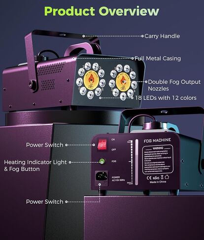 ماكينة الضباب ذات الرأس المزدوج IMONE 1500 واط | آلة دخان مستمرة عالية الإخراج مع 18 مصباح LED RGB وجهاز تحكم عن بعد لاسلكي | مثالي للحفلات، ودي جي، والهالوين، والمسرح، والمناسبات الداخلية والخارجية in Kuwait
