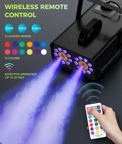 ماكينة الضباب ذات الرأس المزدوج IMONE 1500 واط | آلة دخان مستمرة عالية الإخراج مع 18 مصباح LED RGB وجهاز تحكم عن بعد لاسلكي | مثالي للحفلات، ودي جي، والهالوين، والمسرح، والمناسبات الداخلية والخارجية in Kuwait