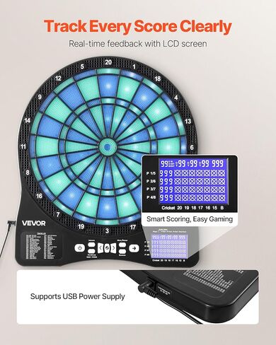 لوحة رمي السهام الإلكترونية VEVOR، لوحة رمي السهام مستهدفة بإضاءة LED مع 48 لعبة وأكثر من 500 نوع مختلف، تتضمن 6 أعمدة رمي السهام مع رحلات جوية و50 طرفًا ناعمًا، وشاشة LCD لتسجيل الكريكيت - تدعم ما يصل إلى 8 لاعبين in Kuwait