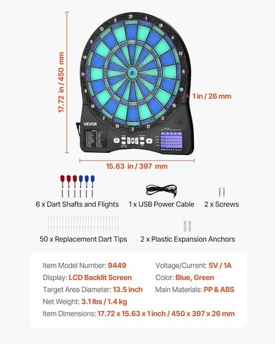 لوحة رمي السهام الإلكترونية VEVOR، لوحة رمي السهام مستهدفة بإضاءة LED مع 48 لعبة وأكثر من 500 نوع مختلف، تتضمن 6 أعمدة رمي السهام مع رحلات جوية و50 طرفًا ناعمًا، وشاشة LCD لتسجيل الكريكيت - تدعم ما يصل إلى 8 لاعبين in Kuwait