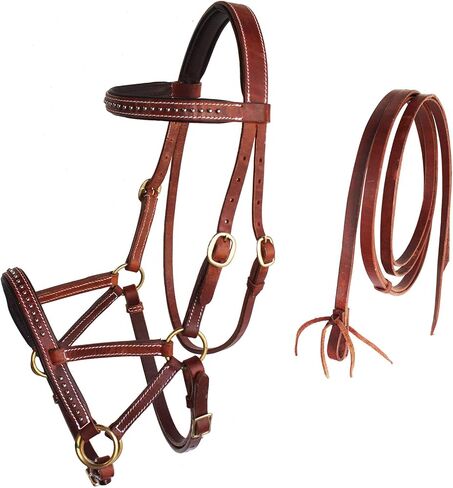 Horse Western Leather Tack Studded Bitless Sidepull Bridle Reins Tan 77RS03TN in Saudi Arabia