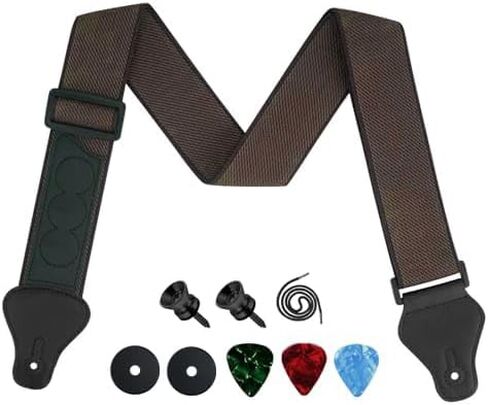 Acoustic Guitar Strap, PU Leather Ends Guitar Accessories with 2 Buttons 2 Locks 3 Guitar Picks for Bass Electric Ukulele (Khaki) in Saudi Arabia