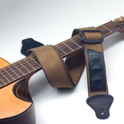 Acoustic Guitar Strap, PU Leather Ends Guitar Accessories with 2 Buttons 2 Locks 3 Guitar Picks for Bass Electric Ukulele (Khaki) in Saudi Arabia