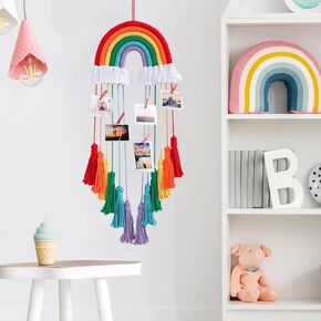 ACEDSGN Boho Nursery Decor Rainbow Macrame Wall Hanging Handmade Bow Holder Hair Clips Organizer for Baby Girls Bohemian Photo Display Hanger Bedroom Party Decor Birthday Gifts for Girls
