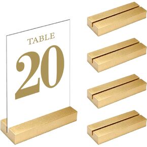 Gold Table Number Place Card Holders Wood 4 Pack, Display Stands Holder for Acrylic Sign Holder Base Wedding Card Party Display Paper Pictures Clip Price Board Photos Memos Menus Labels Stand Frames