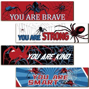Geetery 4 Pcs Spider Theme Sign Inspirational Spider Wall Room Decor for Boys Wooden Cartoon Decor Wood Art Prints for Kids Boys Man Bedroom Playroom Home Gameroom Birthday Gifts