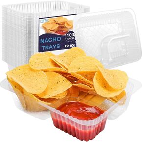 COCPOK 100 PCS Nacho Trays Disposable,6x5 inches Nacho Tray,Clear Plastic Nacho Containers,2 Compartment Food Tray,12 Oz Nacho Cheese Trays,Concession Stand Supplies,Movie Night Snack Trays for Kids