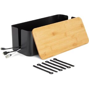 Box for Cable Management, 1 Large ABS Cord Organizer Box with Bamboo Lid, Black