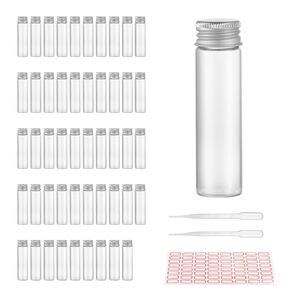 USAMILY 50PCS 20ml Clear Liquid Sample Glass Vials with Screw Caps and Plastic Stoppers, Included Pipette and Labels