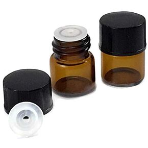 HS HEALTHY SOLUTIONS GLASSWARE WWW.EOILGLASSWARE.COM 1/4 Dram (1ml) AMBER Glass Vial (144)- Flat Black Screw Cap w/Orifice Reducer and Seal - Pack of 144