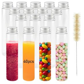 ZEONHEI 40 PCS 110ml Clear Plastic Test Tubes with Screw Caps, 140 x 32mm Flat Test Tubes, Plastic Storage Tubes for Bath Salt and Candy Storage, Science Party Favors