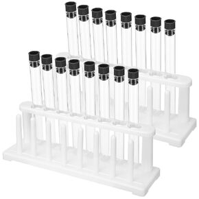 Saysurey 2 Sets Test Tubes with Rack, 16 Pcs Clear Plastic Test Tubes with Caps and 2 Pcs 8 Holes Test Tube Holder with 8 Drying Pins Test Tubes with Stand for Scientific Experiment Nurse Party Favors
