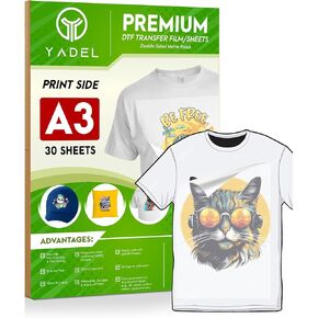 Yadel DTF Transfer Film/Sheets A4 30 Pieces,DTF Transfer Film for Sublimation and Powder,DTF Film and DTF Paper for Seamless Image Transfer,Compatible with All DTF Printers,for Stress Free Crafting
