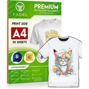 Yadel DTF Transfer Film/Sheets A4 30 Pieces,DTF Transfer Film for Sublimation and Powder,DTF Film and DTF Paper for Seamless Image Transfer,Compatible with All DTF Printers,for Stress Free Crafting