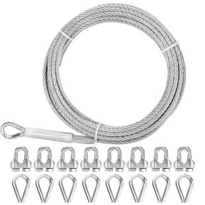 Thickened 1/4 Stainless Steel Cable, 50ft Wire Rope, 7X19 Strands Aircraft Cable, 6400lbs Breaking Strength, Zip Line with M8 Wire Rope Clip Clamp and Wire Rope Cable Thimbles