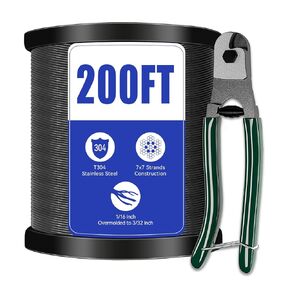 Vinyl Coated Wire Rope,Black 304 Stainless Steel 1/16 Inch Overmolded to 3/32 Inch,with Cutter 7x7 Strands Construction,Outdoor Light Guide Wire,Clothesline,500ft
