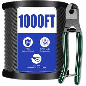 Vinyl Coated Wire Rope,Black 304 Stainless Steel 1/16 Inch Overmolded to 3/32 Inch,with Cutter 7x7 Strands Construction,Outdoor Light Guide Wire,Clothesline,500ft in Saudi Arabia