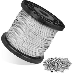 Wire Rope, 1/16 Wire Rope, 304 Stainless Steel Wire Cable, 100FT with 50Pcs Crimping Sleeves, Clothes Line Wires, Trellis Wire, 7x7 368lbs Breaking Strength