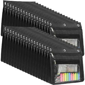 YoeeJob 1inch Expandable Pencil Pouch for 3 Ring Binder, 36 Pack Large Capacity Pencil Pouch with Zipper, Three Ring Clear Binder Pencil Case Suitable for School and Office(Black)