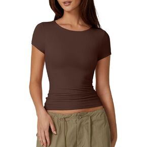 QINSEN Women's Crew Neck Short Sleeve Tees Double Lined Slim Fit T Shirt Basic Y2K Tops