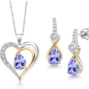 Gem Stone King 925 Sterling Silver and 10K Yellow Gold Blue Tanzanite White Moissanite and White Lab Grown Diamond Pendant Necklace Earrings Set For Women (2.99 Cttw, with 18 Inch Chain)