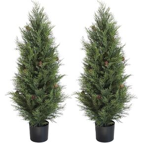 UV Resistant 3ft Artificial Cedar Topiary Trees Faux Cedar Bush with Pine Cone Indoor&Outdoor use for Garden Decor(Set of 2)
