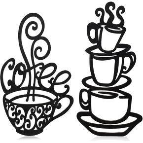 Jetec 2 Pieces Coffee Cup Wall Decor Black Coffee Cup Silhouette Wood Wall Art Cafe Themed Wall Art Cup Mug Scrolled Silhouette Metal Wall Art Decor for Coffee Shop, Kitchen, Restaurant