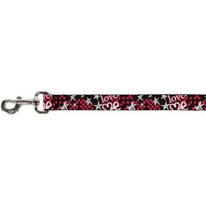 Buckle-Down Pet Leash - Love Me w/Sketch Stars & Checkers Black/Fuchsia/White - 6 Feet Long - 1" Wide