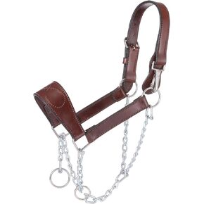 Tough 1 Leather Mule Halter with Draw Chain, Brown