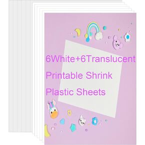 12PCS Printable Shrink Plastic Sheets For Ink Jet Printers, Shrink Art Paper Shrink Film Sheets for Creative Craft Mothers Day Gifts,6 White and 6 Semitransparent